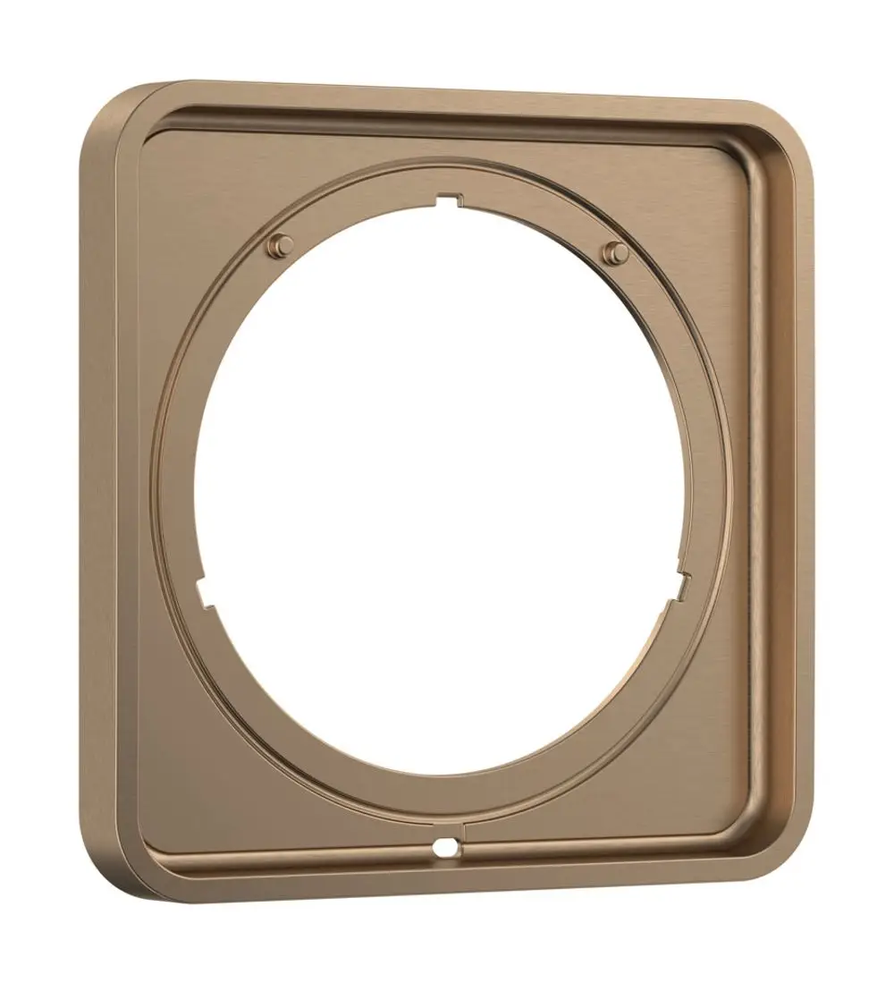 Verlängerungsrosette in Bronze-Finish von Hansgrohe, quadratisch mit einer kreisförmigen Öffnung in der Mitte. Geeignet für Installationen mit passendem Zubehör.